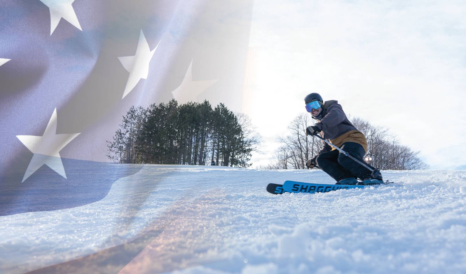 Skier shredding with American flag overlay
