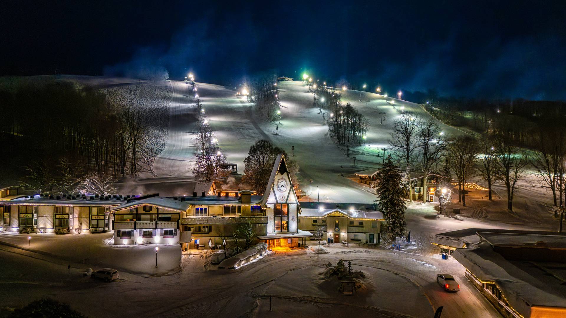 Clock Tower Lodge exterior in the winter