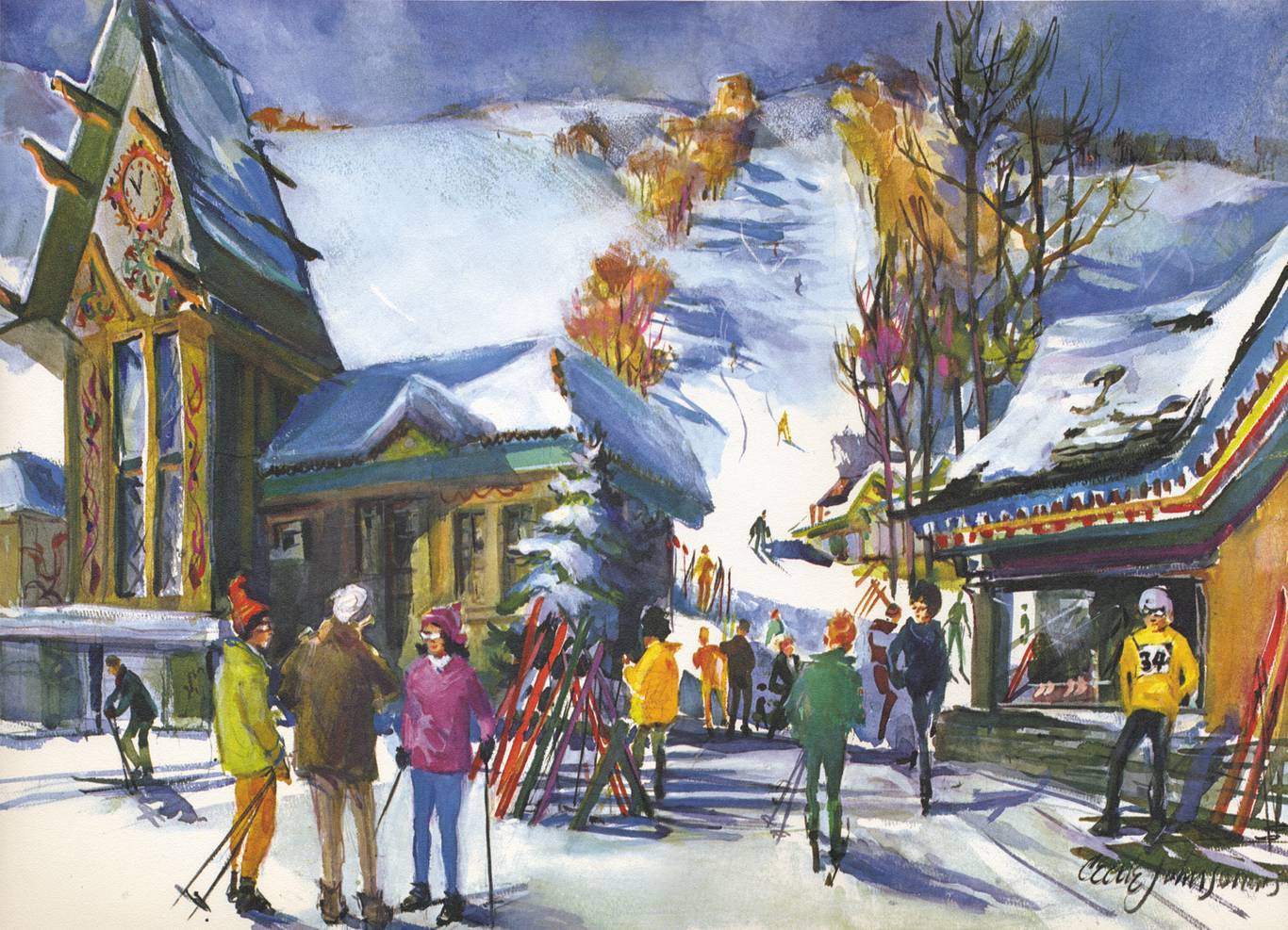 Painting with people in it of clock tower lodge.