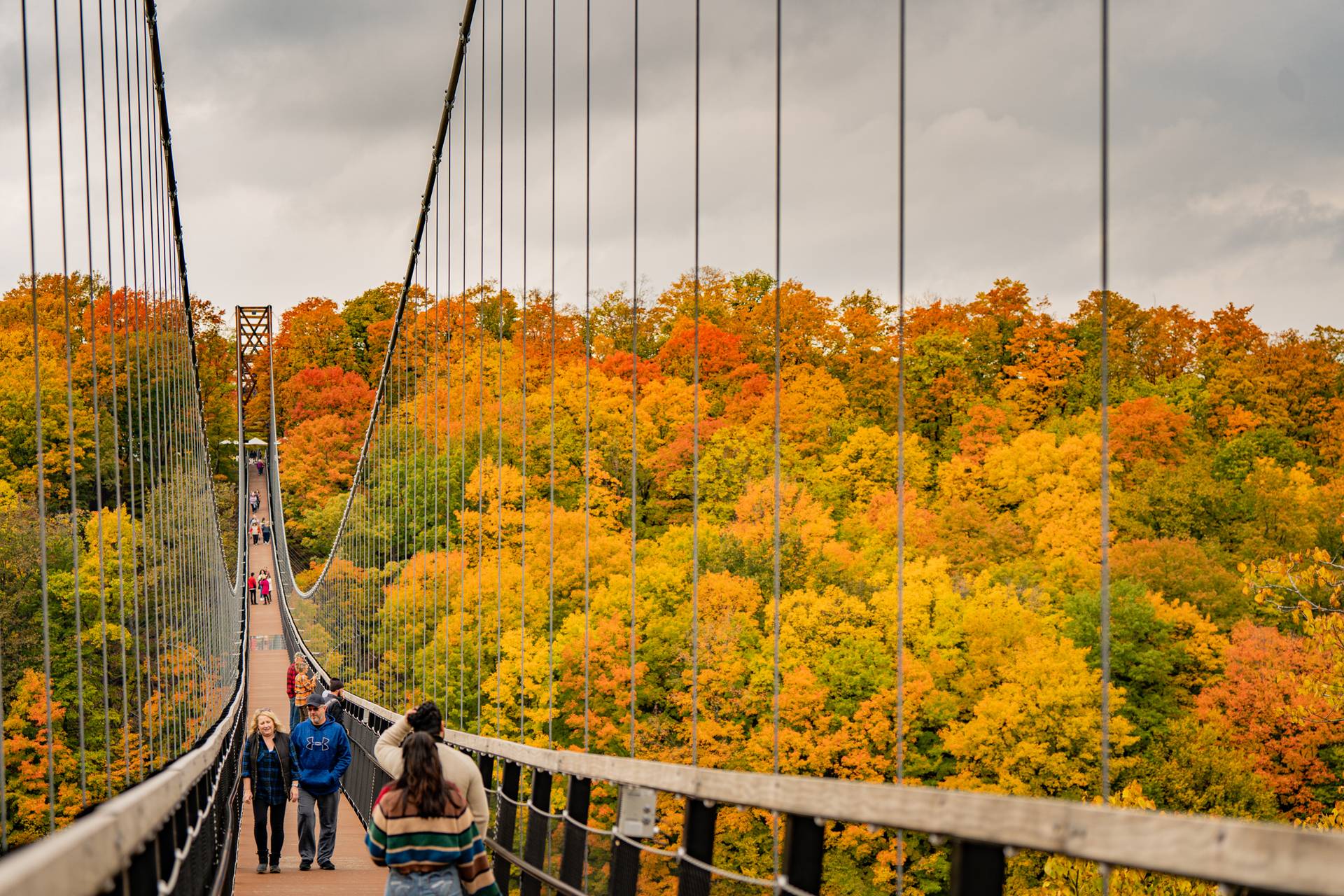 people on skybridge michigan during peak fall colors