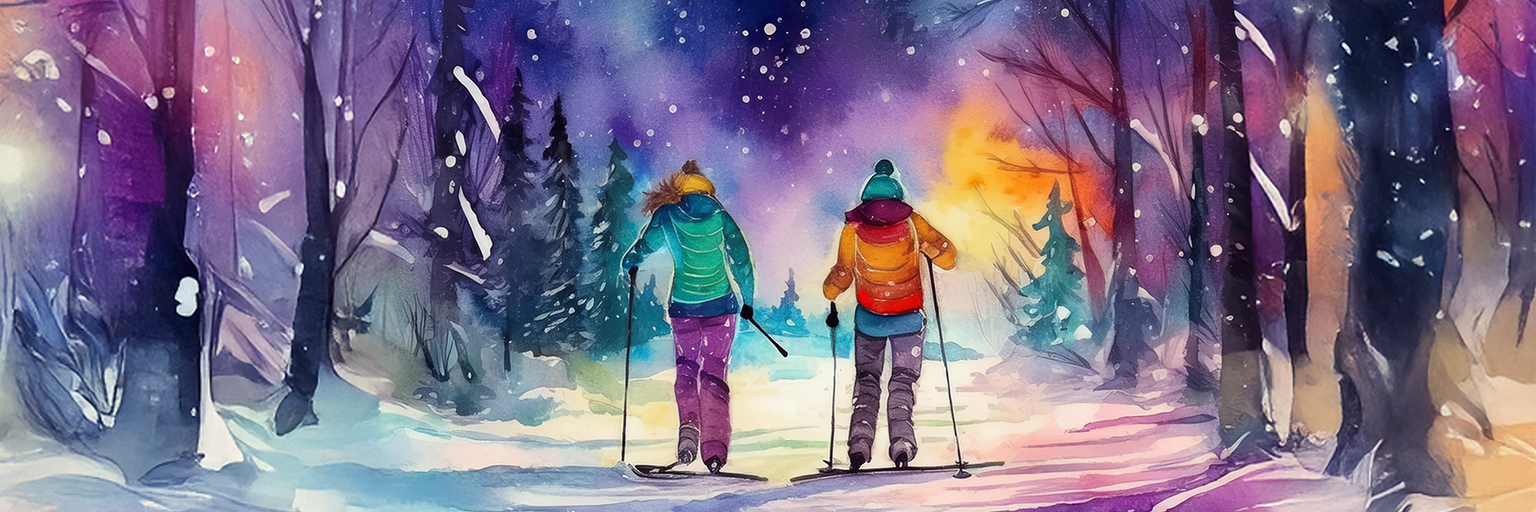 Two women cross country skiing in the sun