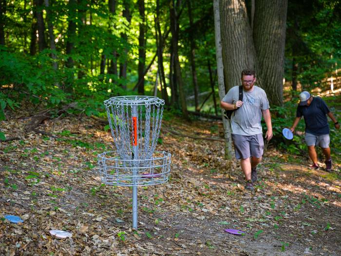 friends playing disc golf