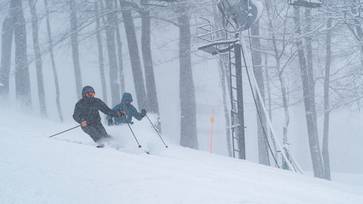 Skiers riding Hemlock on a powder day