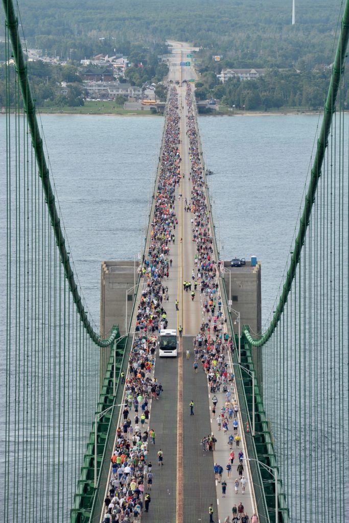 View of people walking across the Mackinac Bridge