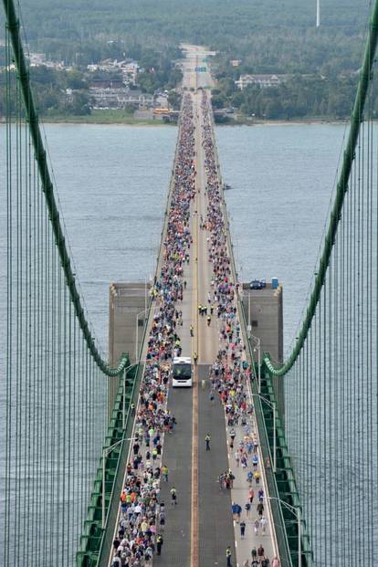 View of people walking across the Mackinac Bridge