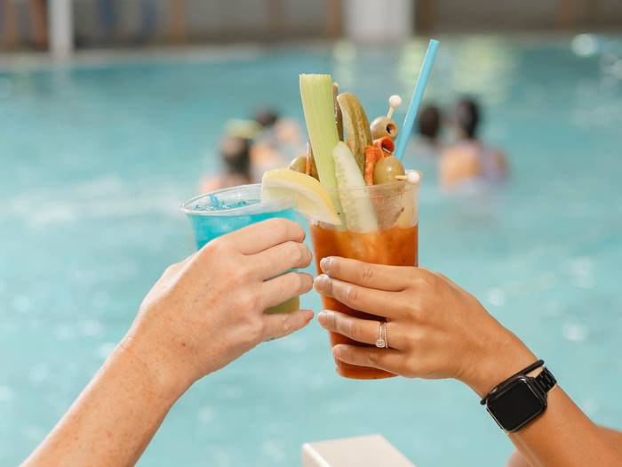 adults toasting cocktails poolside