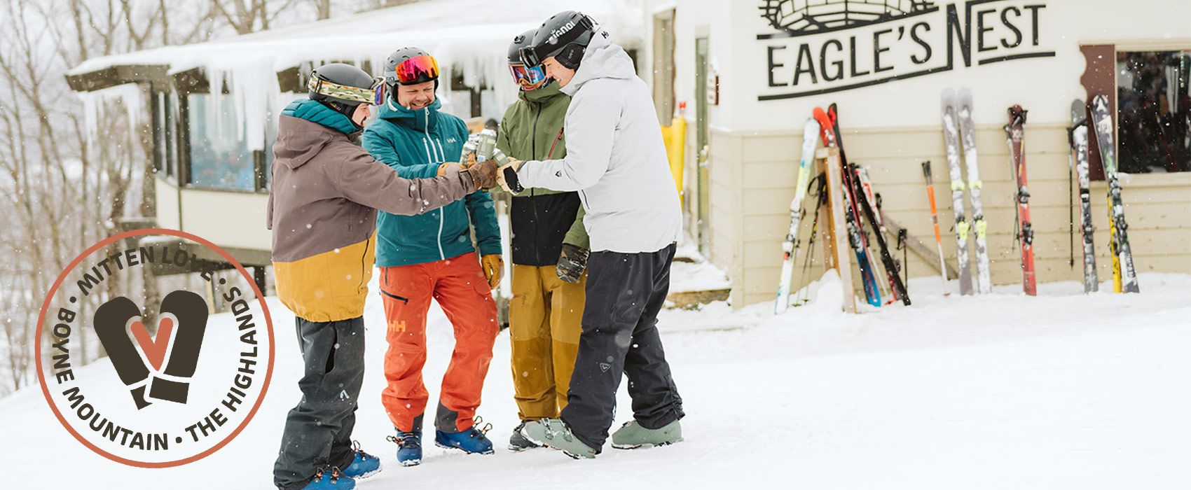 group of skiers at cheersing at Eagles Nest
