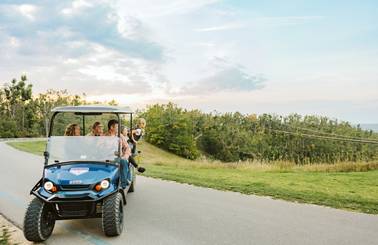 family on scenic cart by skybridge