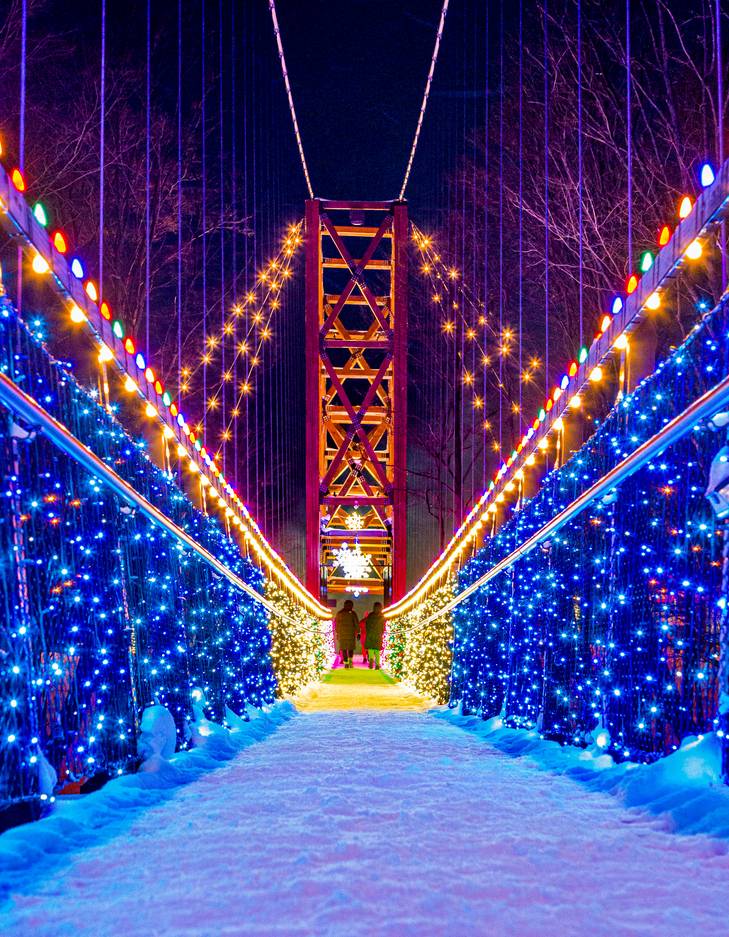 SkyBridge Michigan with lights and snow