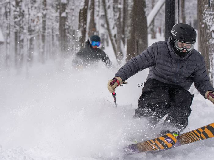 skiers riding through glades