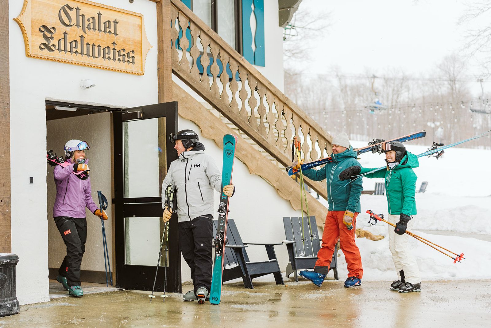 Two couples at Chalet Edelweiss ready to ski