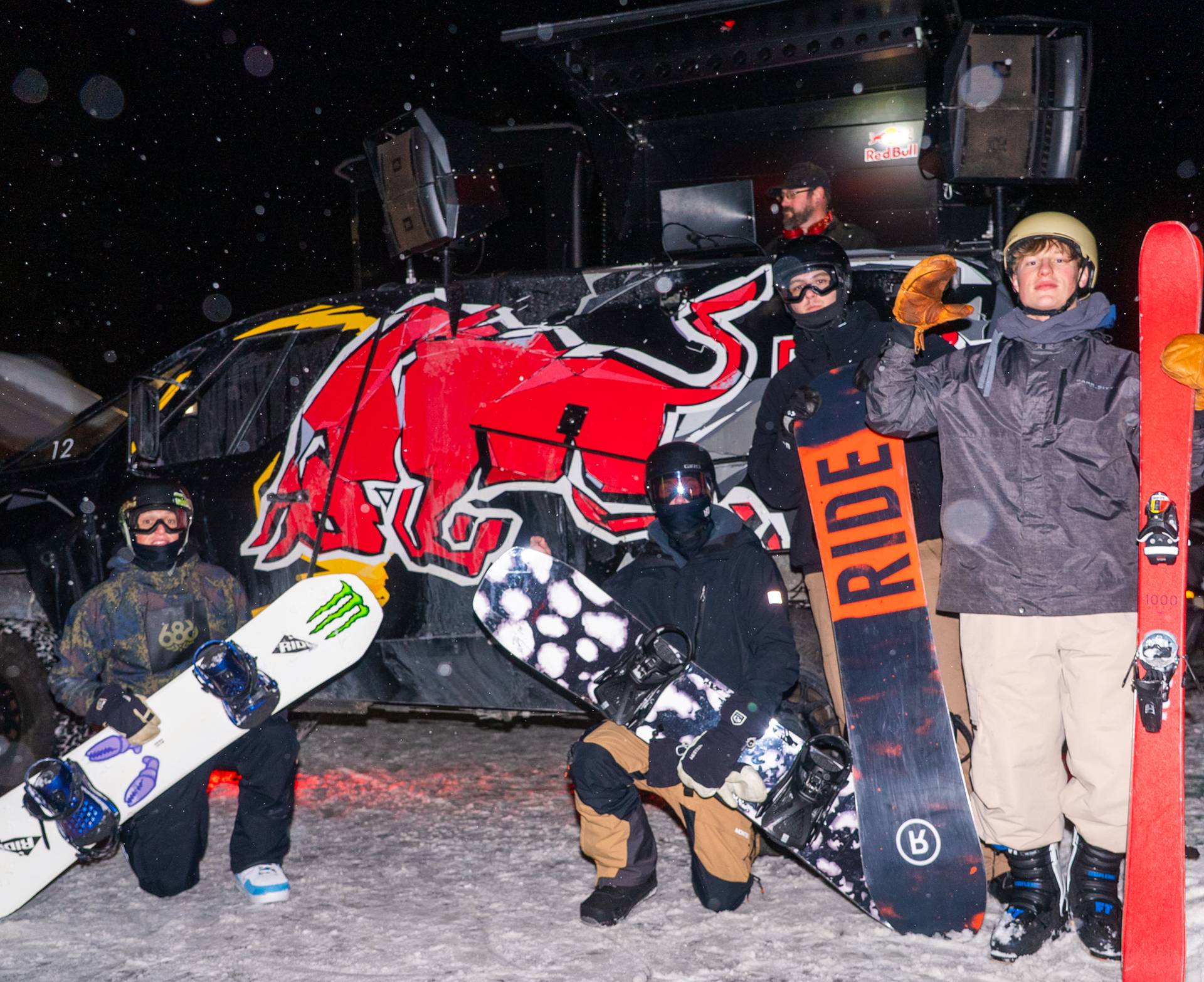 riders in front of rebull dj van