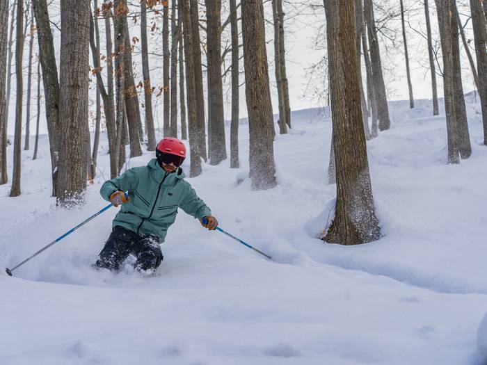 man skiing through the trees