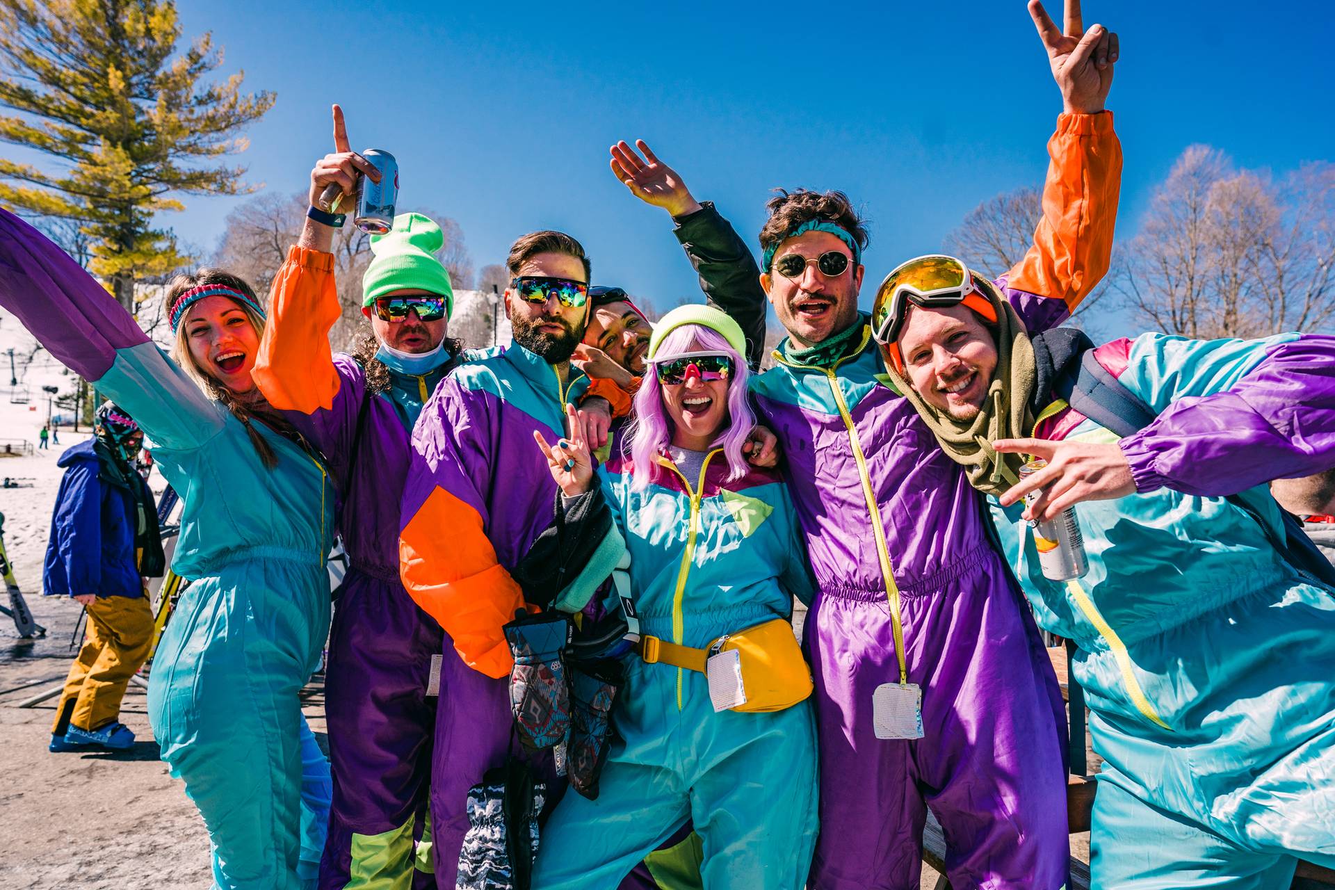 group of friends dressed in bright colors at Carnival weekend