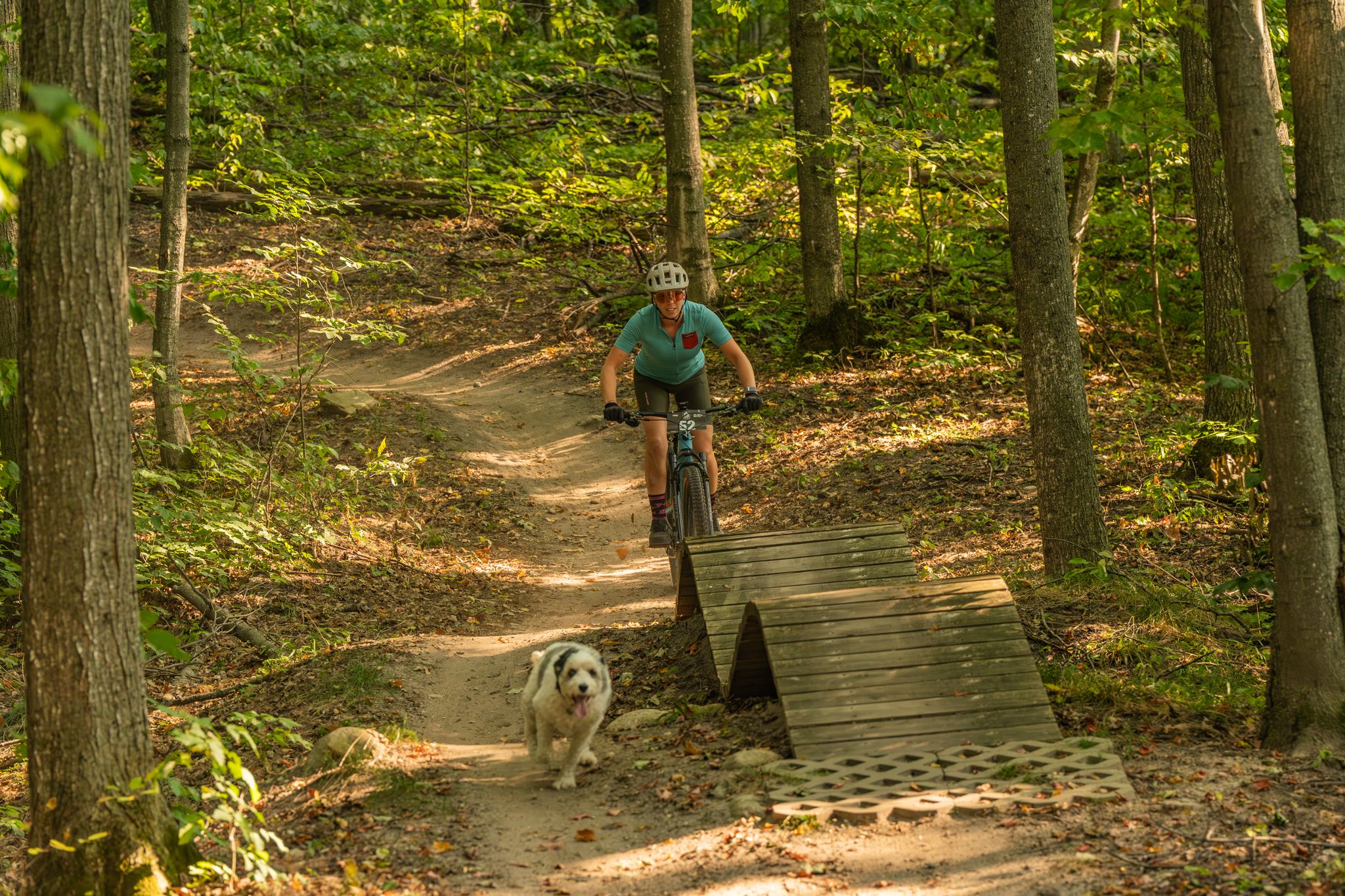 woman riding mountain bike with dog