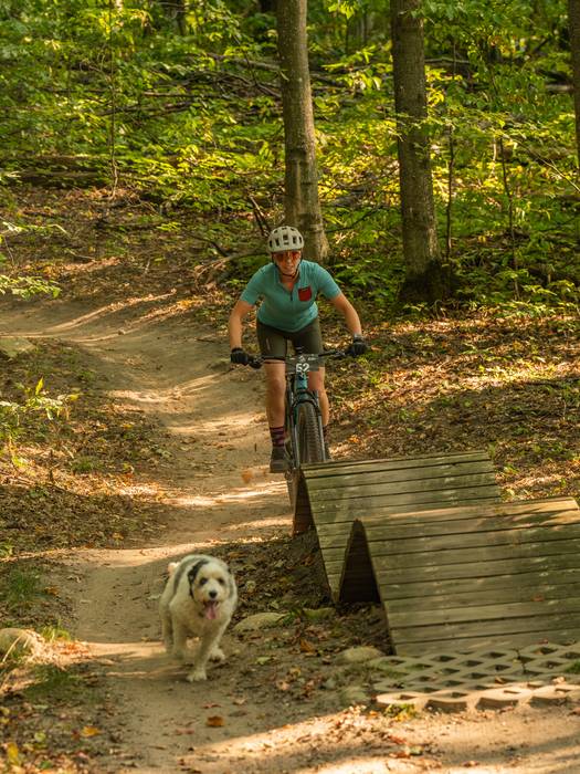 girl biking with her dog