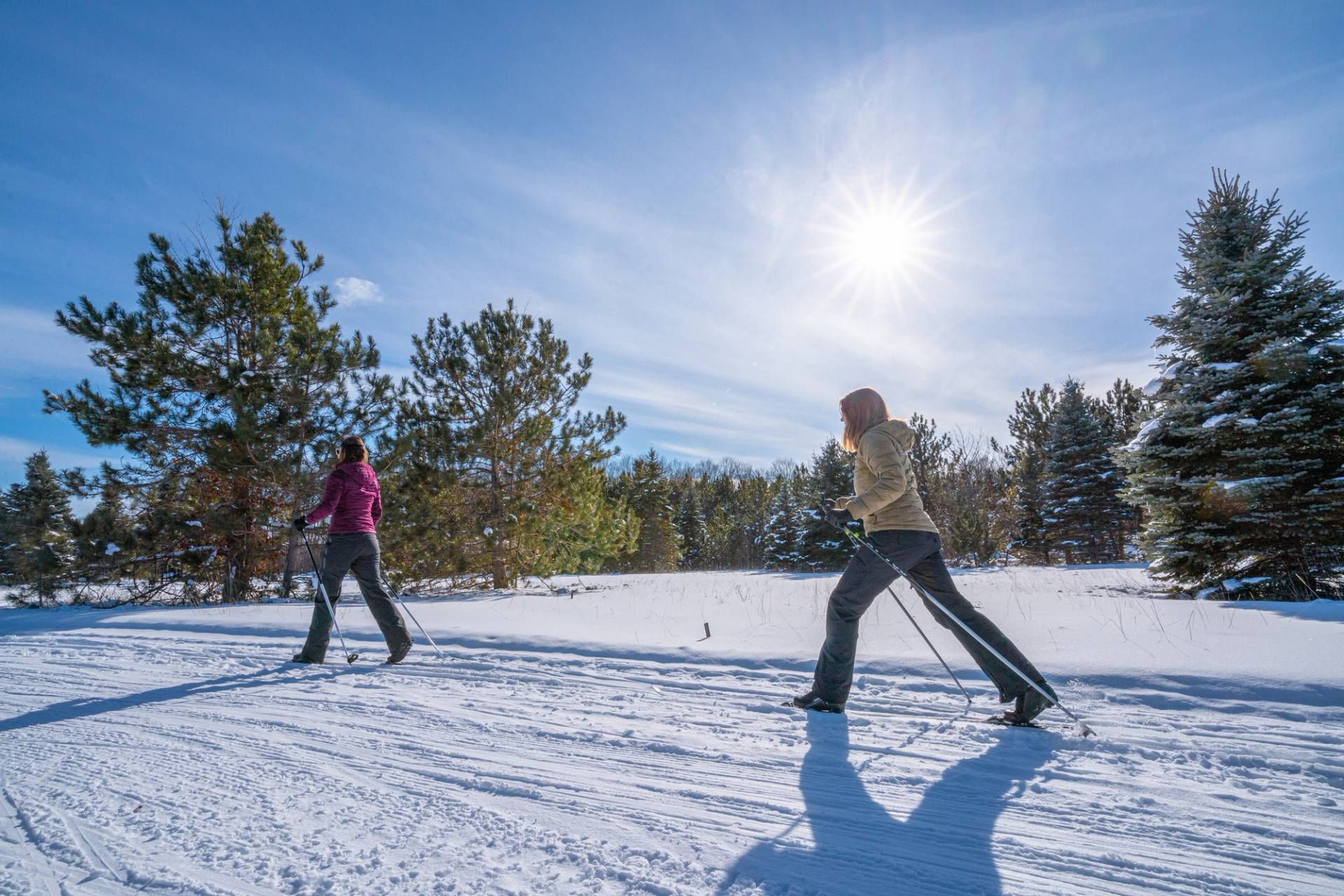 Two younger ladies cross country skiing