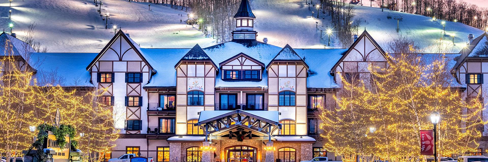 Front of Mountain Grand Lodge and Spa during the holidays