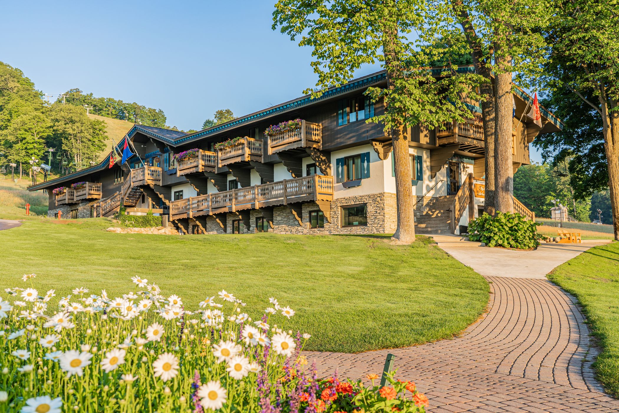 Morning sunlight and flower blooms along the path to Chalet Edelweiss