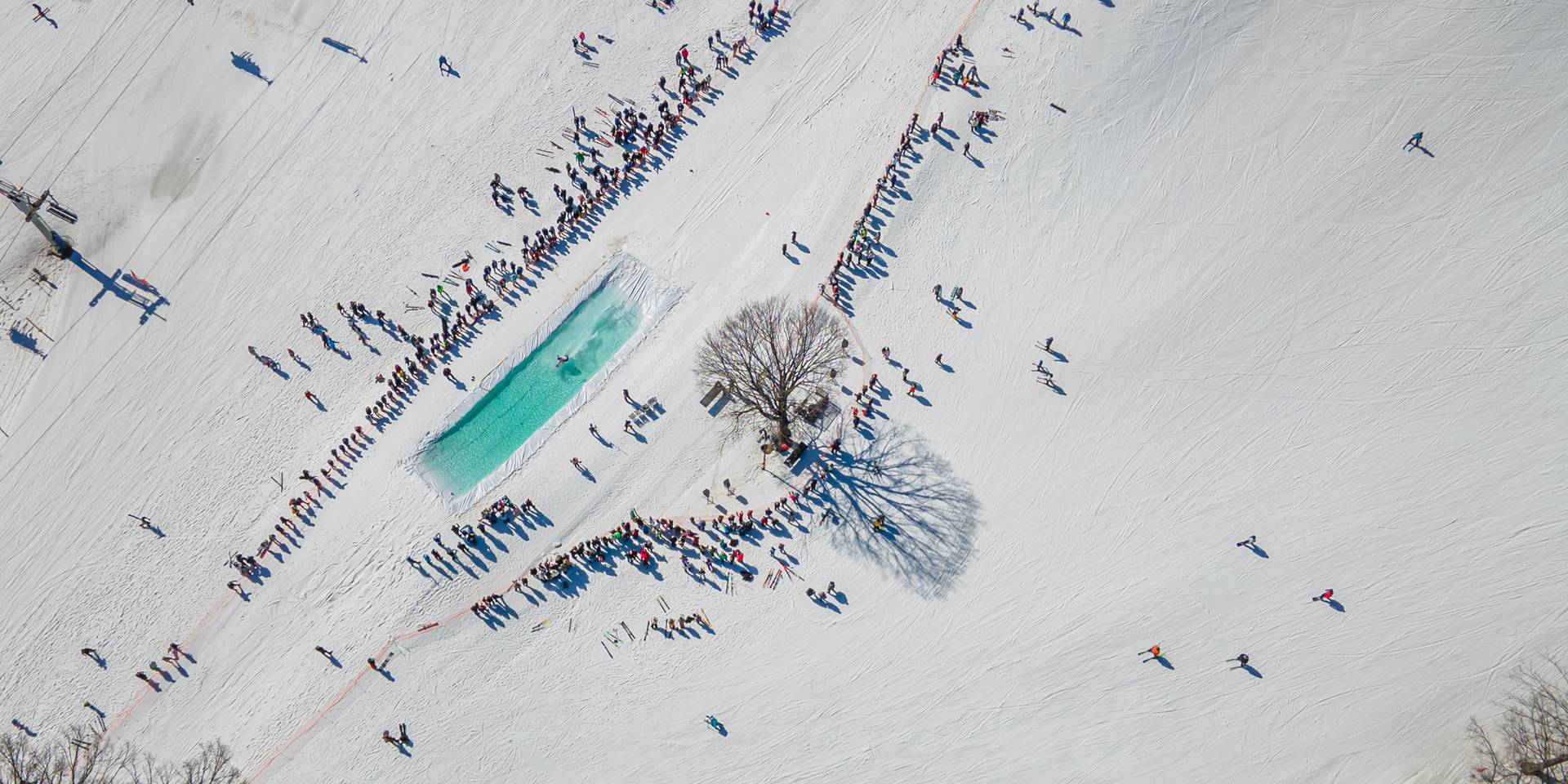 Aerial view slush cup pond at Carnival Weekend