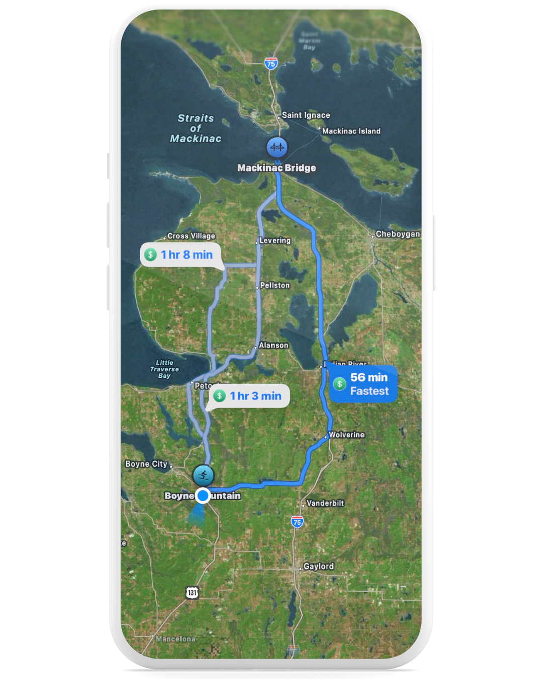 Phone screenshot of the route from the Mackinac Bridge to Boyne Mountain