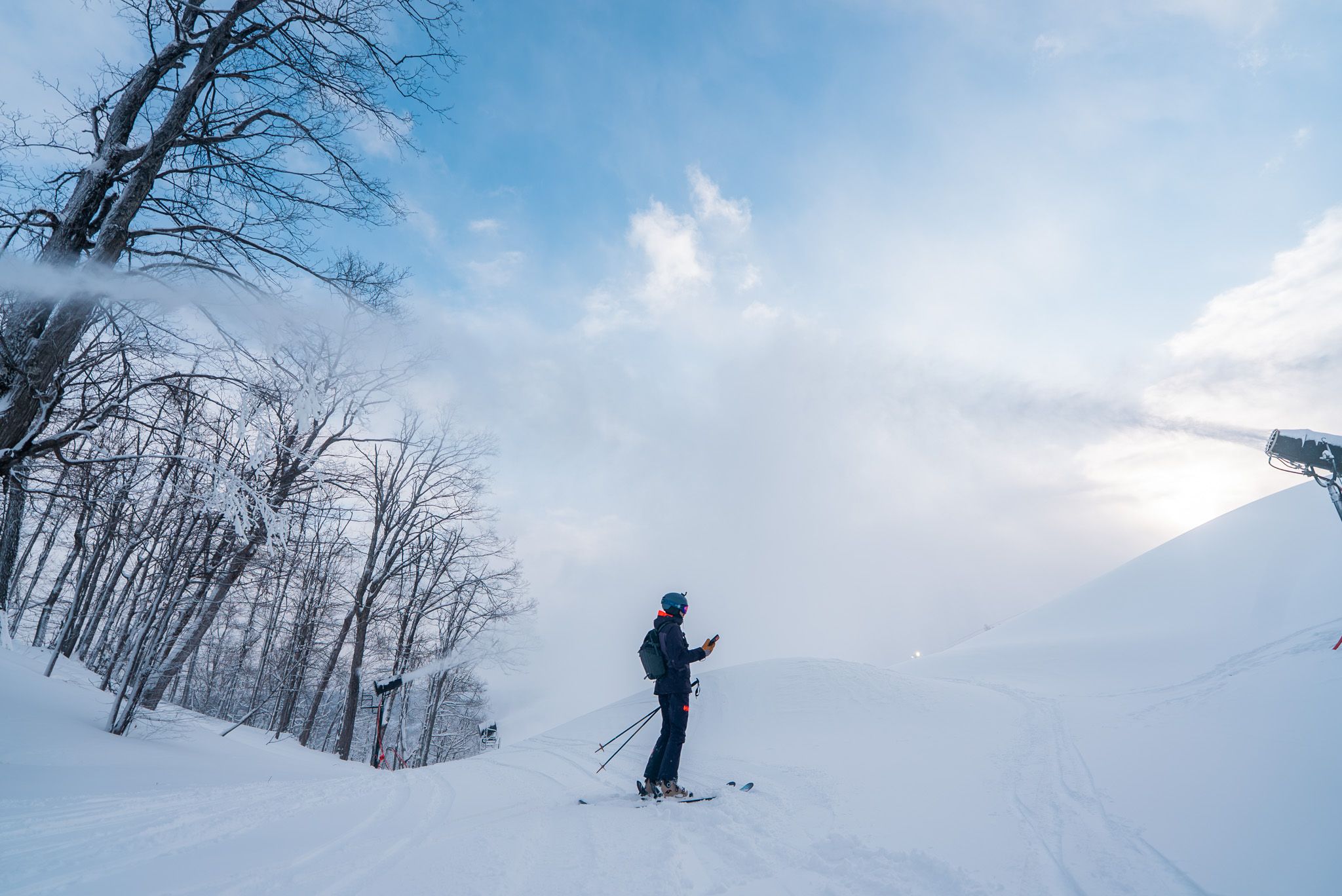 Skier standing in front of whales on Victor Glacier with Snow Guns blowing