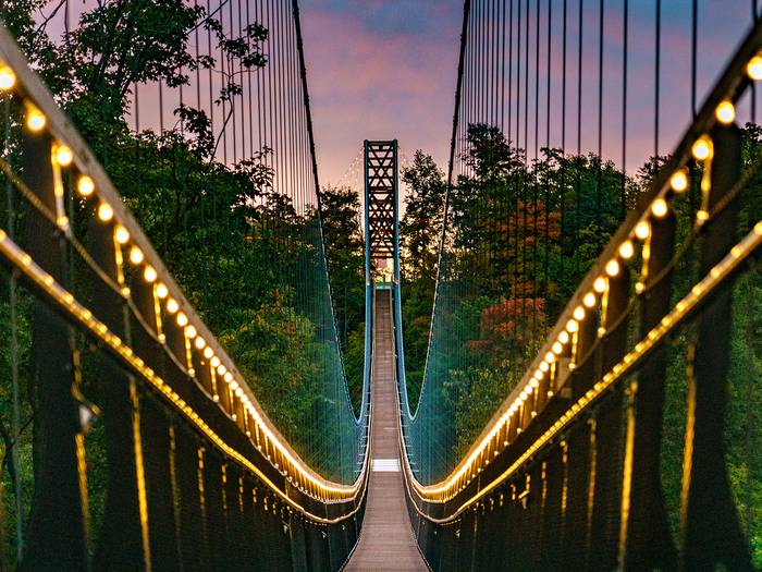 SkyBridge lit up in the evening