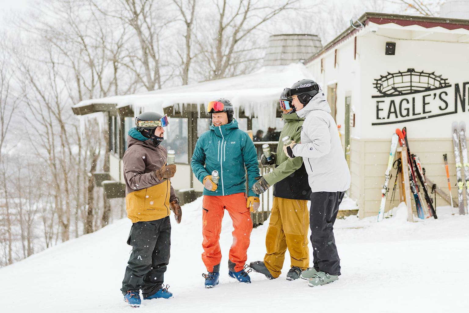 skiers drinking beer outside eagles nest