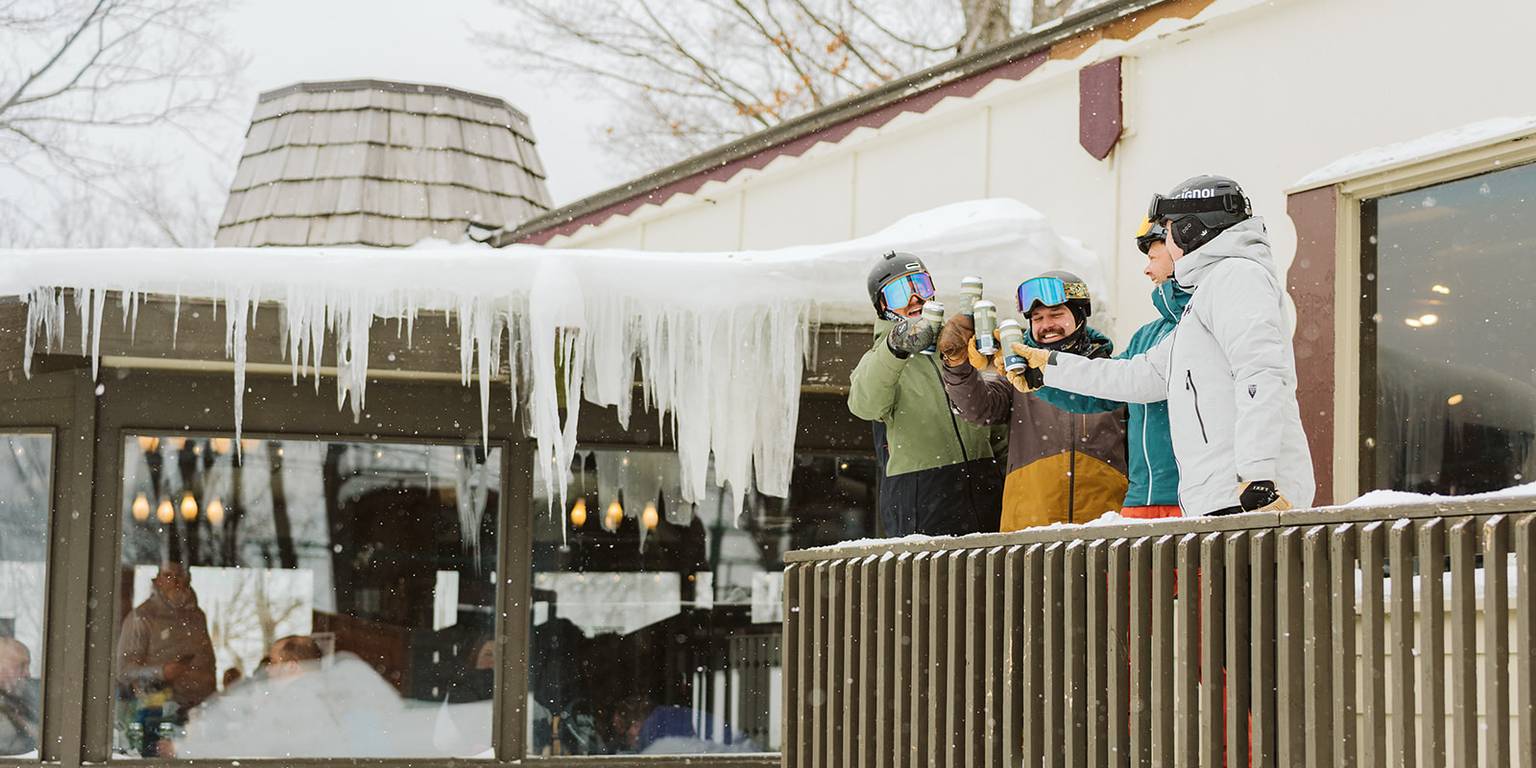 Friends at the top of boyne mountain at the eagles nest