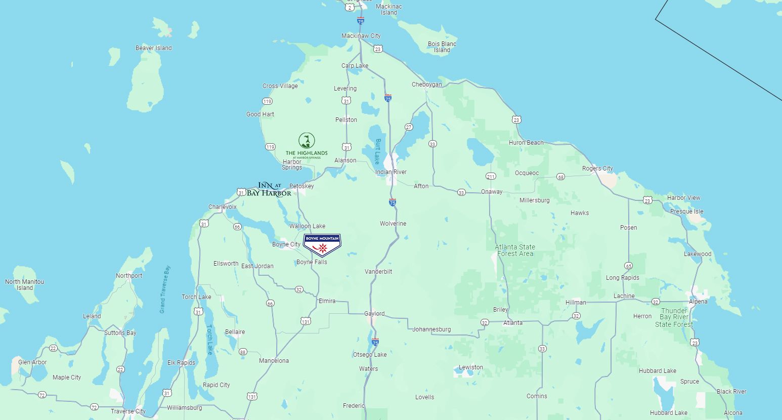 Map of Boyne Resorts Michigan Locations