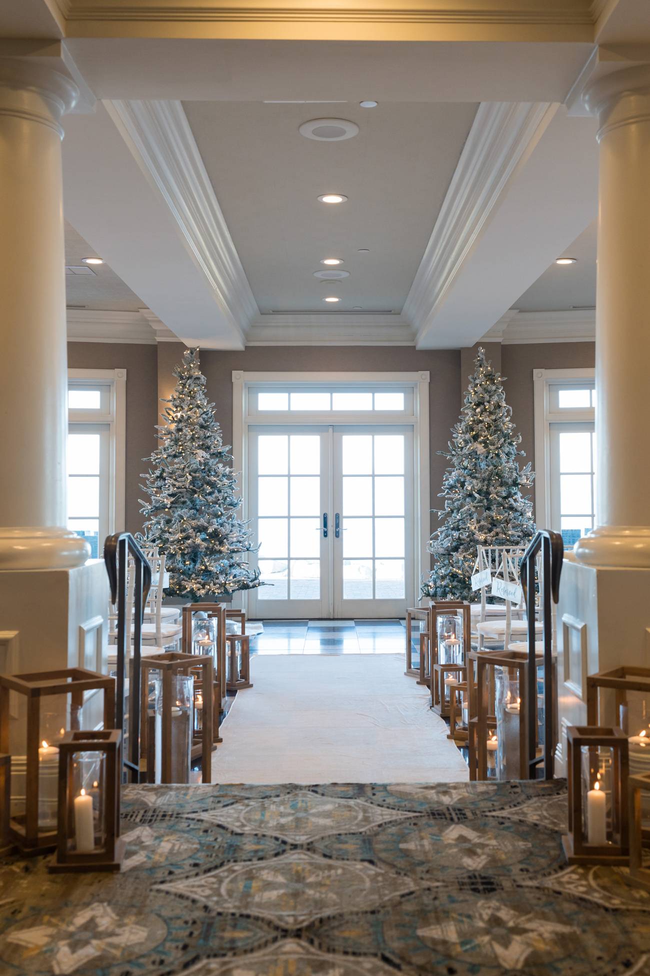 Lit pine tree and lantern wedding ceremony decor, Sagamore Room