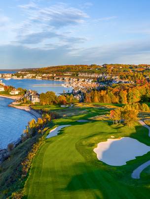 Aerial view of Bay Harbor Golf Club course in autumn