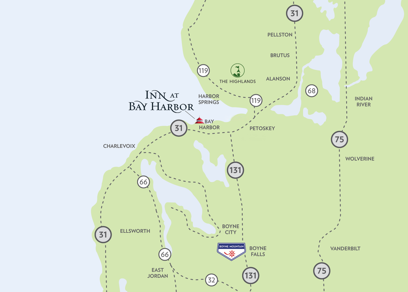 Map of northern Michigan showing Inn at Bay Harbor location relative to The Highlands and Boyne Mountain ski areas