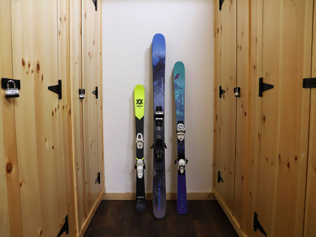 Skis propped in pine locker room