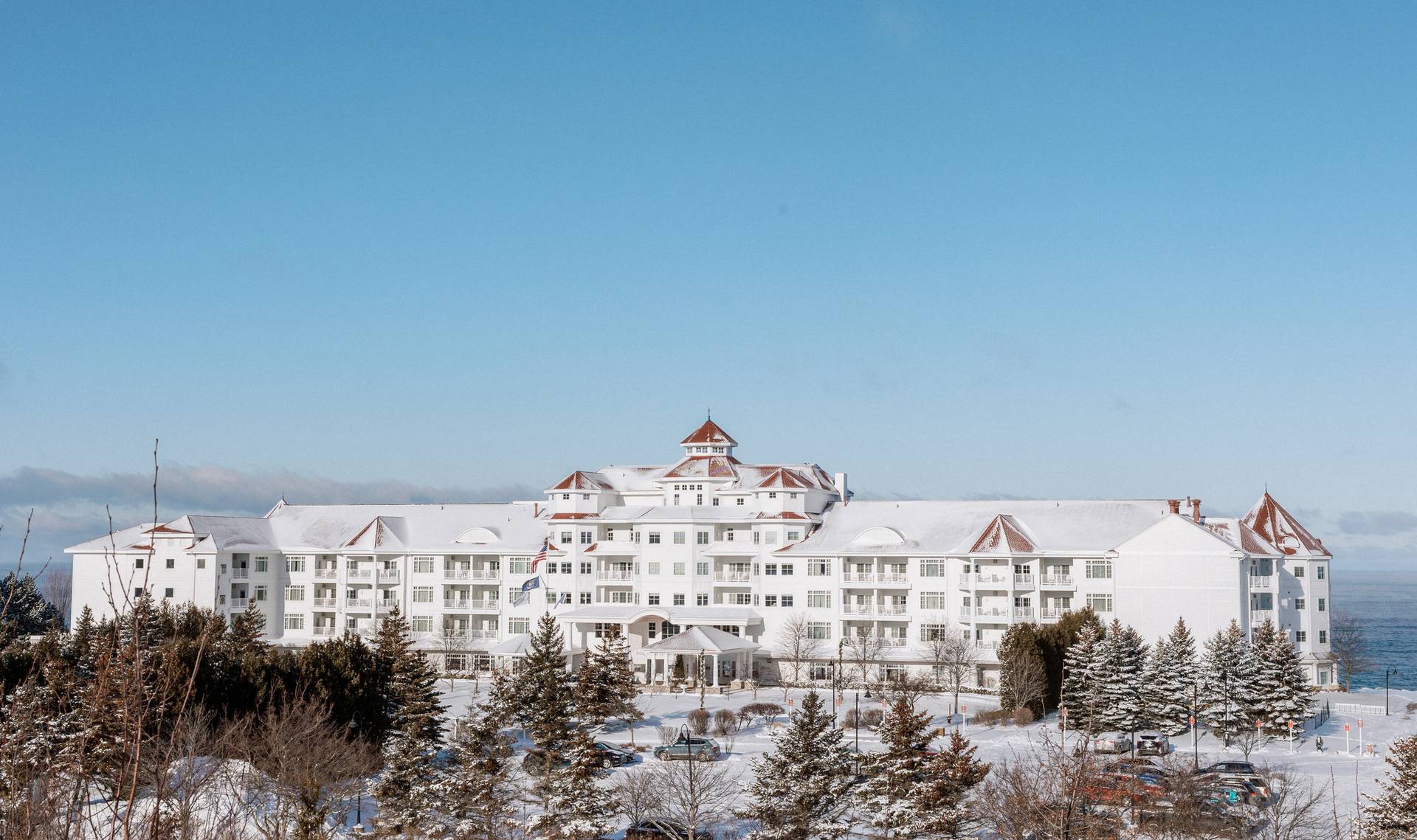 A wintery landscape with the Inn at Bay Harbor