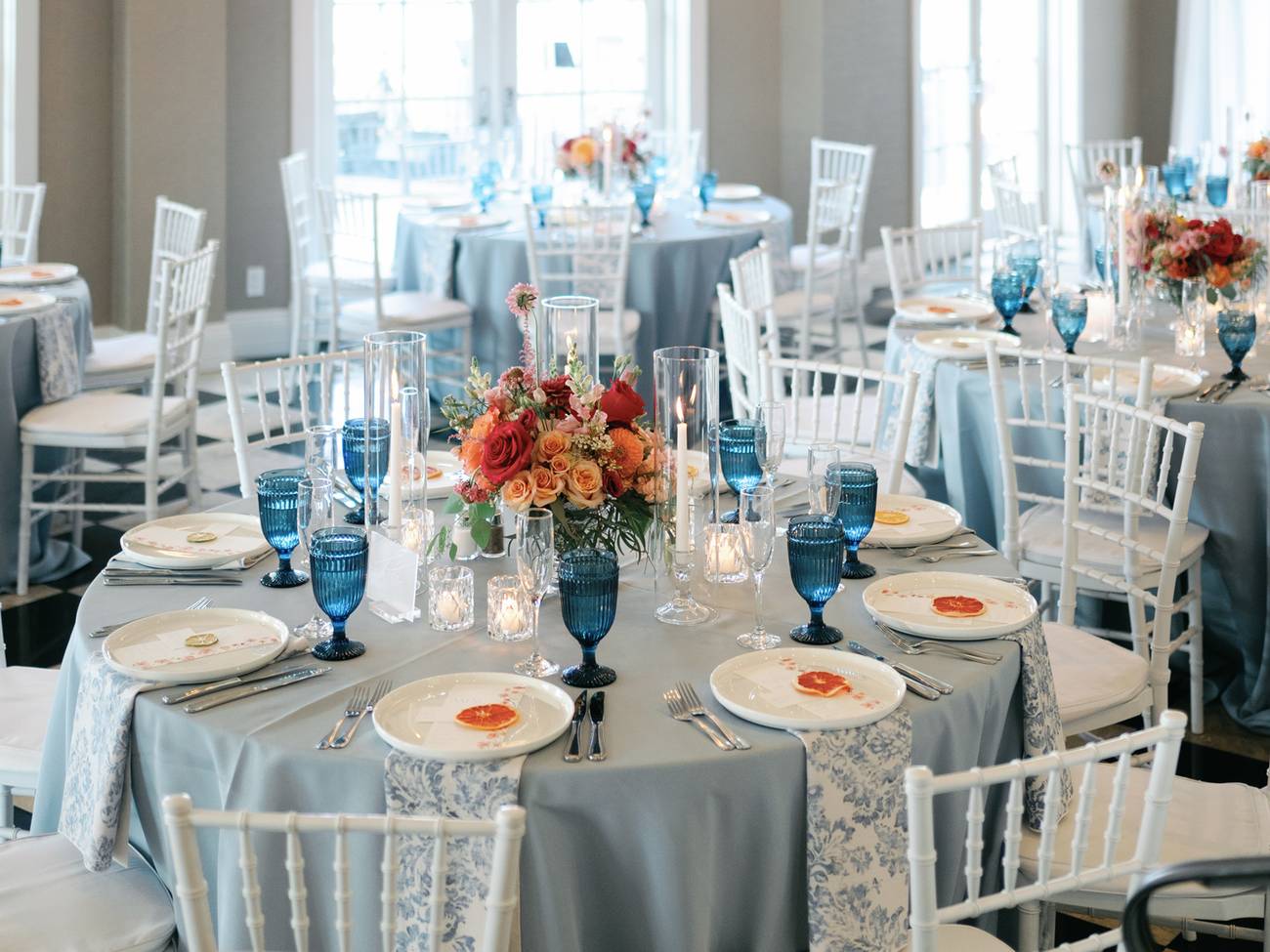 Blue and orange wedding reception decor, The Sagamore Room
