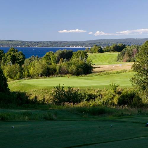 Crooked Tree Golf Club greens, Lake Michigan background