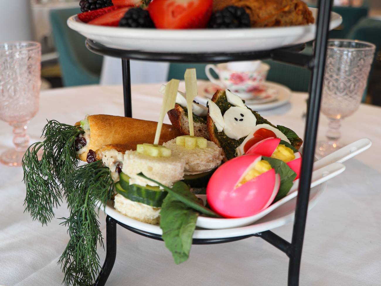 Easter Tea service themed finger sandwiches, deviled eggs