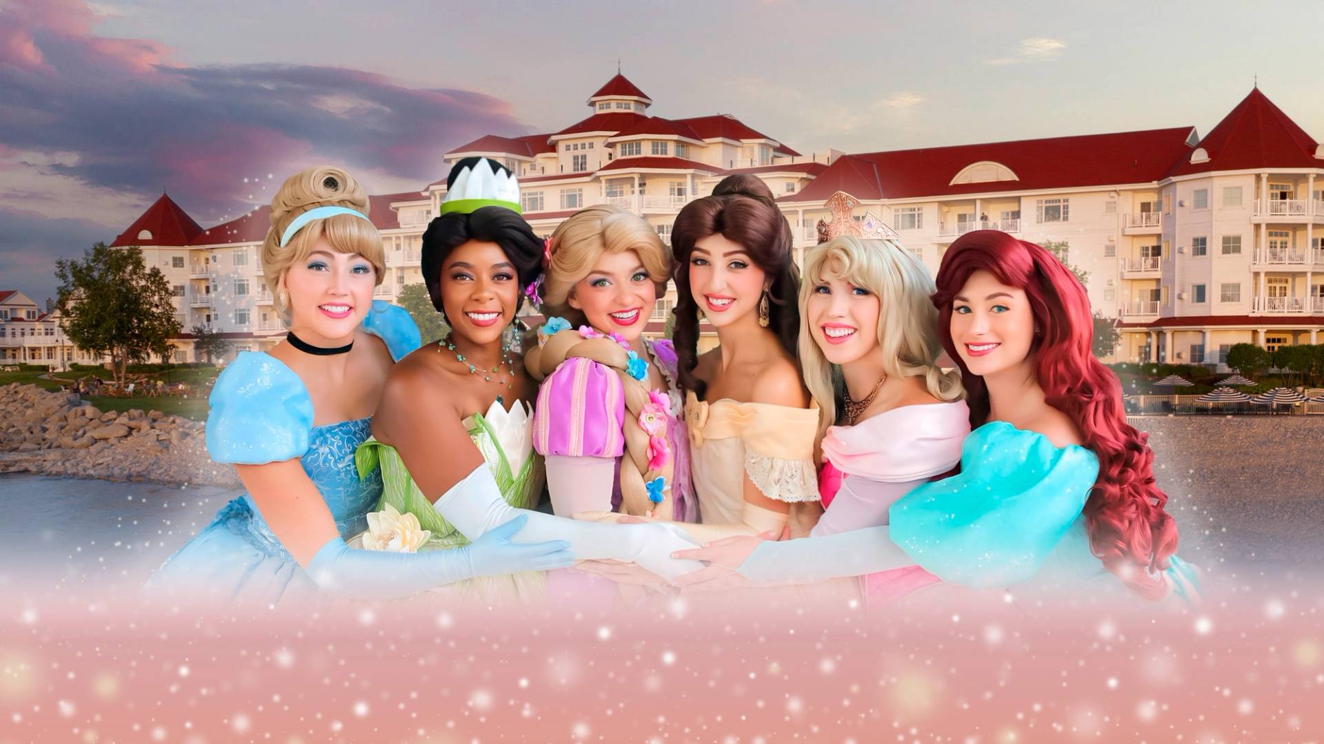 Princess Gala at Inn at Bay Harbor, Cinderella, Tiana, Rapunzel, Belle, Aurora, and Ariel characters with pink glitter