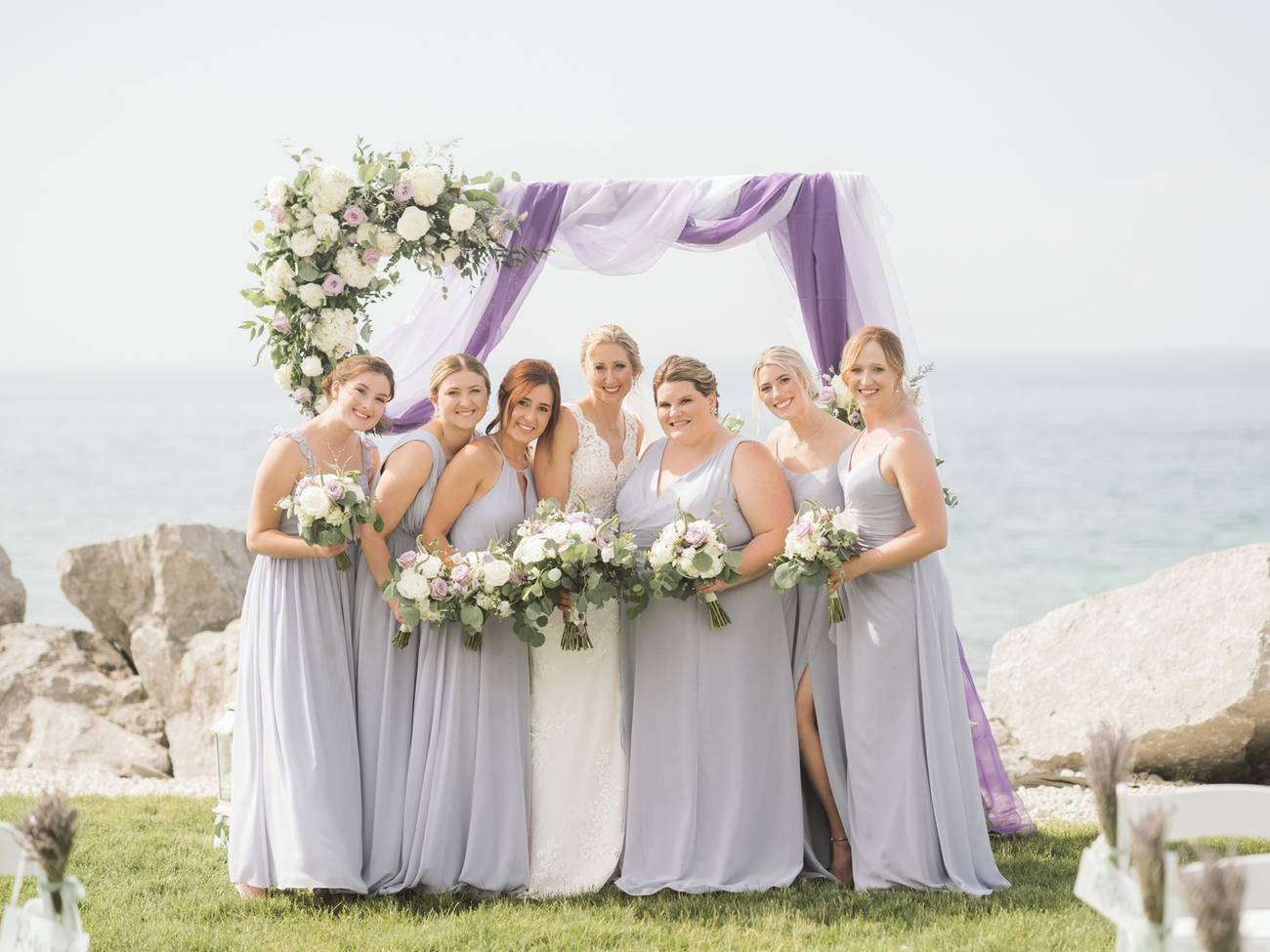 Inn at Bay Harbor wedding party, purple details Lake Michigan