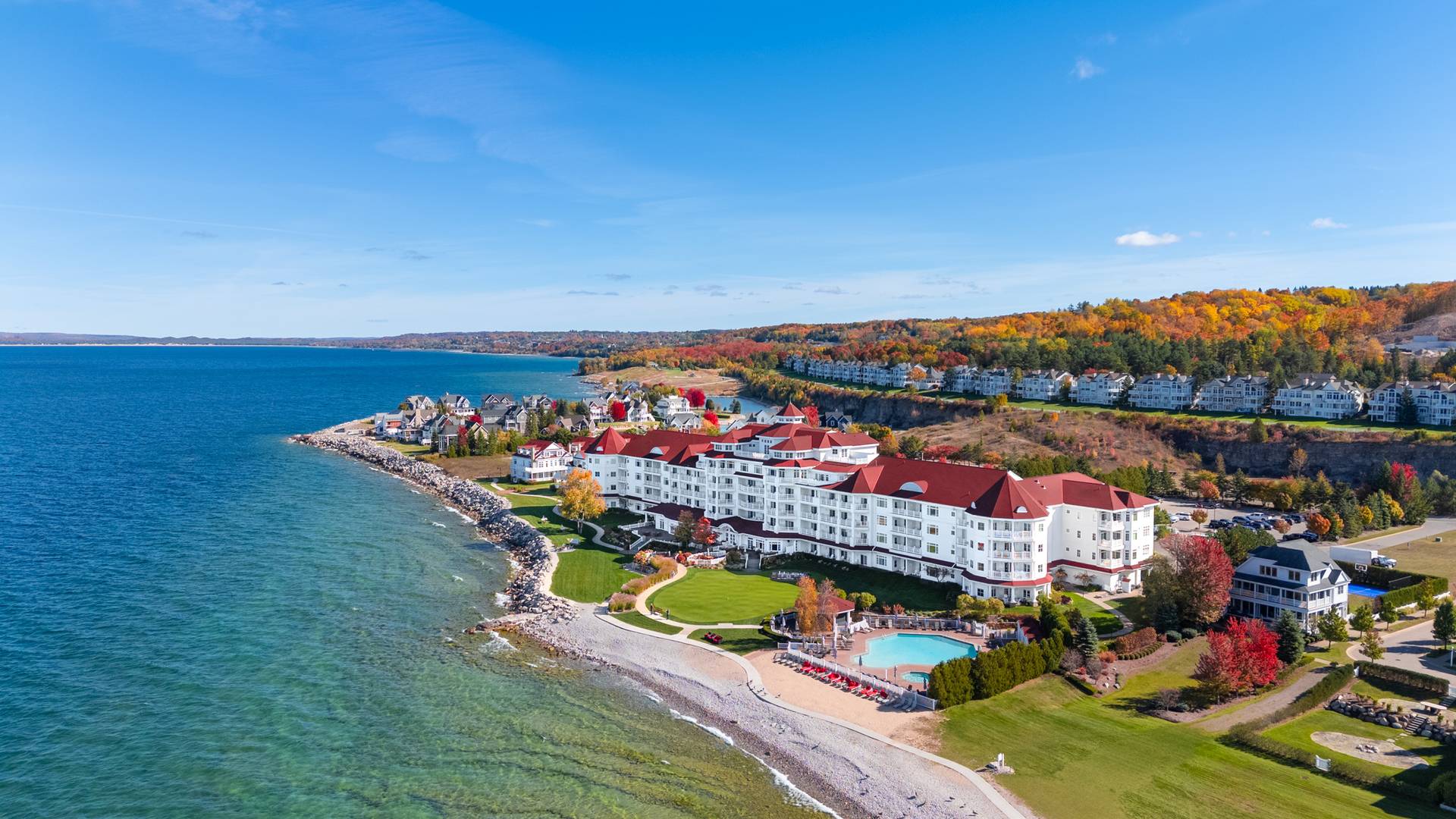 Inn at Bay Harbor on Lake Michigan surrounded by colorful fall leaves