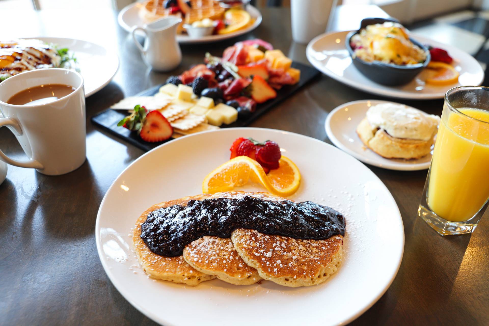 Breakfast Blueberry Pancakes dish with coffee, other breakfast items, The Sagamore Room