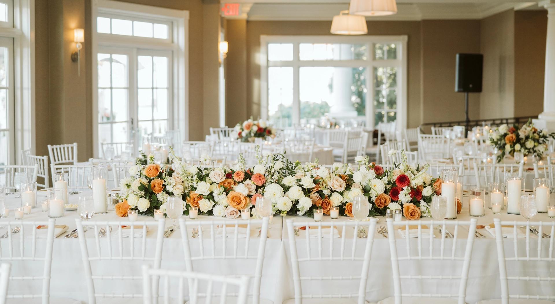 Orange wedding floral decor, The Sagamore Room