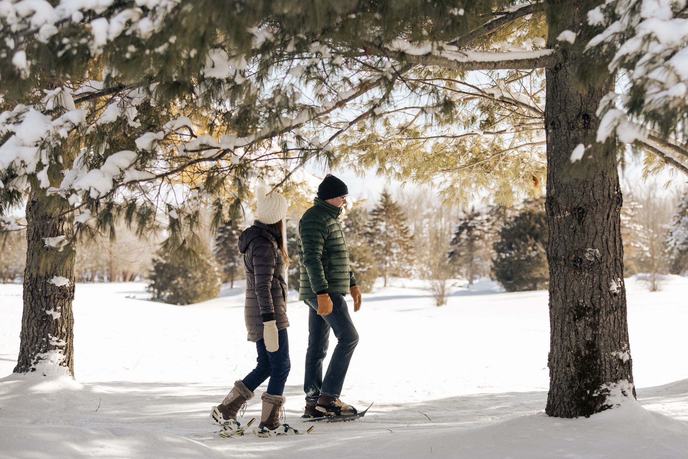 Winter-clad couple walks in snowshoes, chatting, through snowy pine forest