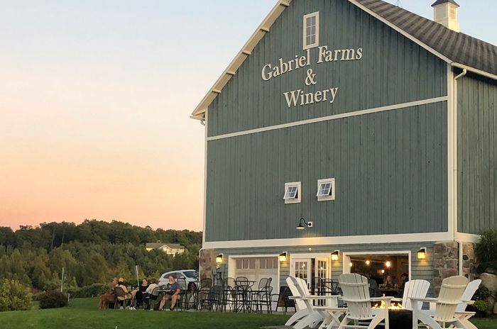 Gabriel Farms & Winery blue barn, sunset