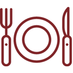 Red fork, knife, and plate icon