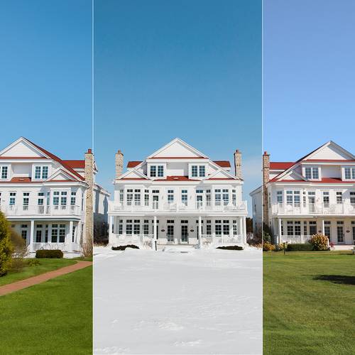 Lakeside Cottages in spring, winter, and fall juxtaposed into one image