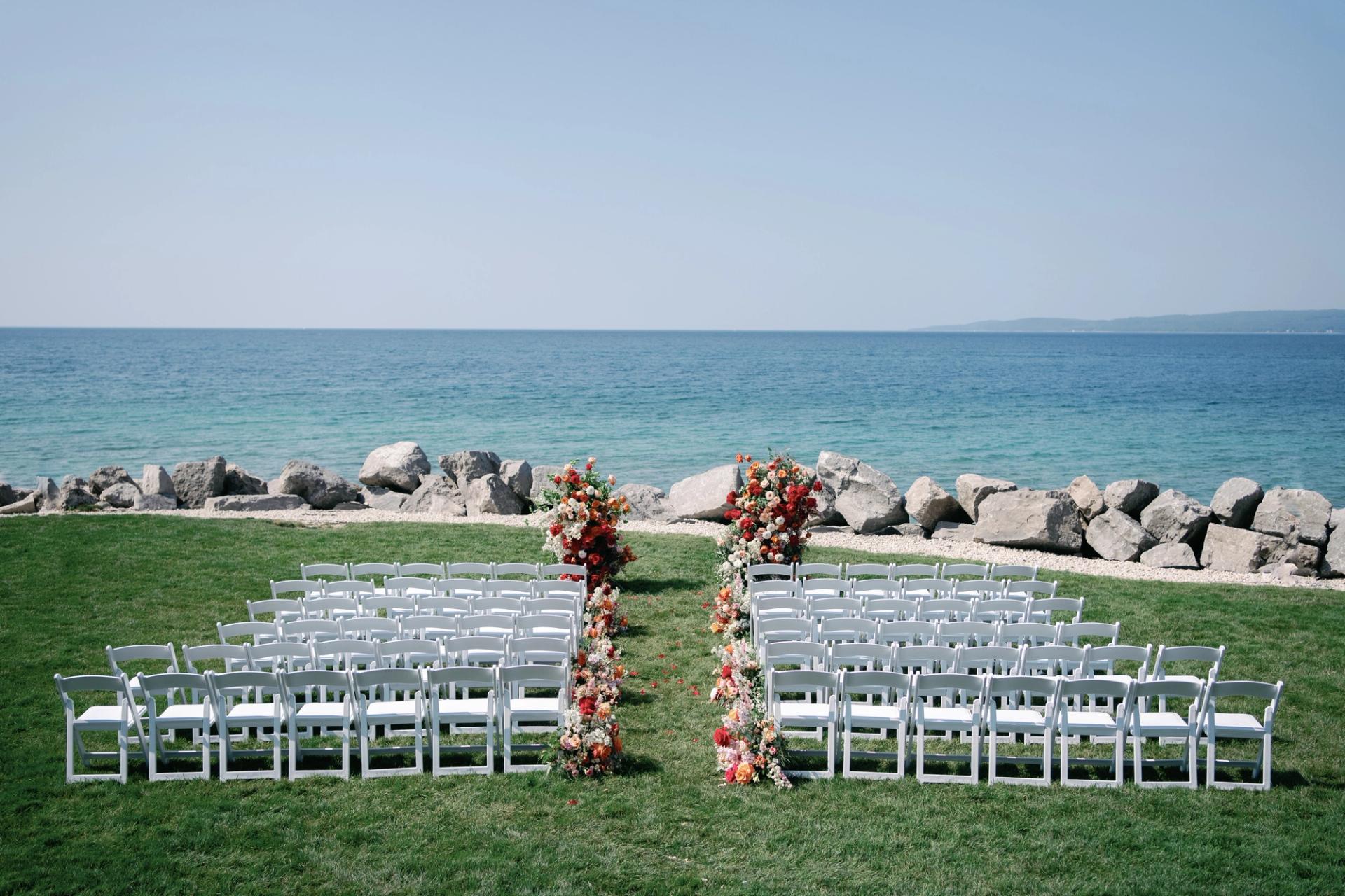 Floral wedding ceremony setup on Lake Michigan, Inn at Bay Harbor