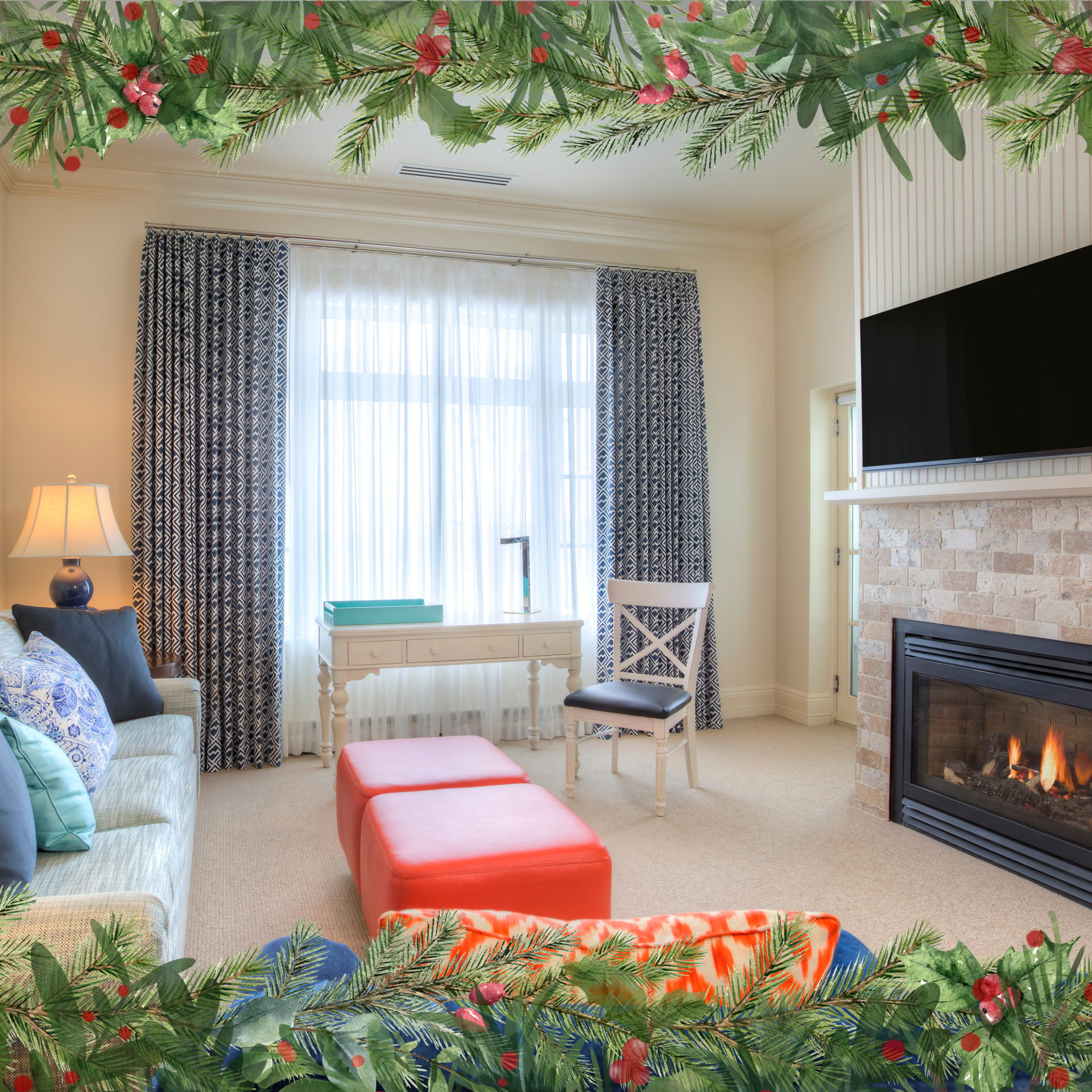 Evergreen, holly frames Master Suite interior