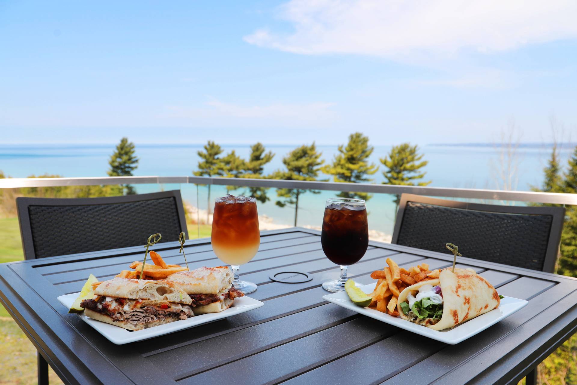 Sandwiches on Links Grille patio overlooking Lake Michigan